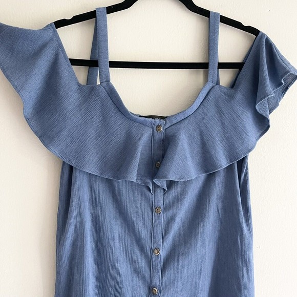 Moa Moa Top Flutter Off the Shoulders Strap Flowy Blouse Casual Buttoned Blue S - Picture 4 of 9